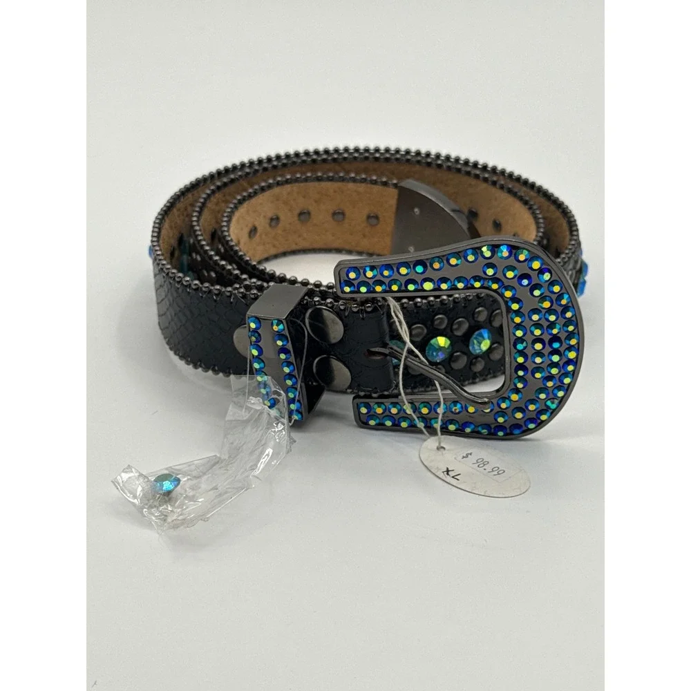 Western Rhinestone Bling Belt Black Genuine Leather Blue AB Crystal Studded XL